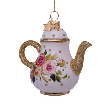 Vondels bola de navidad - Tetera con flores 10cm de vidrio, color oro 1 pieza