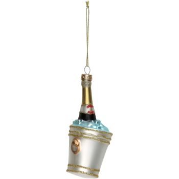 HD Collection adorno de navidad - botella de champán en cubo 13.5cm de vidrio, color oro 1 pieza