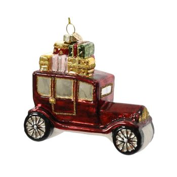 Decoris glazen kerst ornament - auto met cadeautjes 10.5cm rood 1 stuks