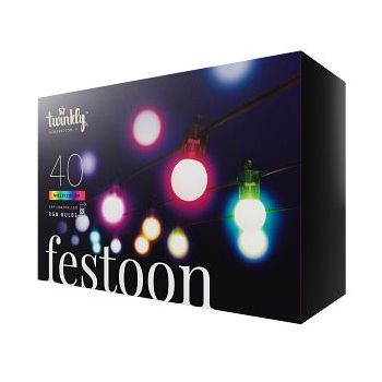 Twinkly Festoon - Guirlande LED contrôlée par application 40 RGB 16 millions de couleurs câble noir de 20 mètres