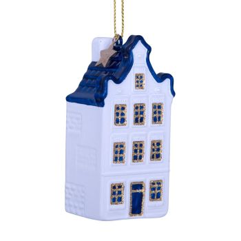 Vondels glazen kerstbal - grachtenpand met halsgevel 9cm delfts blauw 1 stuks
