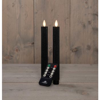 Anna's Collectie LED-dinerkaars met vlam-effect ribbel 23 cm zwart 2 stuks.