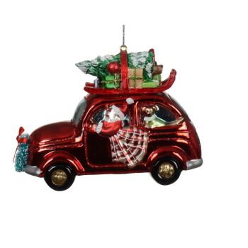 Decoris glazen kerst ornament - kerstman in auto 9.5cm rood 1 stuks