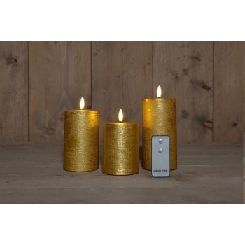 Anna's Collection LED kaars 3D vlam rustiek set 7,5 cm goud 3 stuks