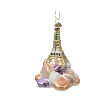 Decoris glazen kerst ornament - eiffeltoren met macarons 13.5cm multi 1 stuks