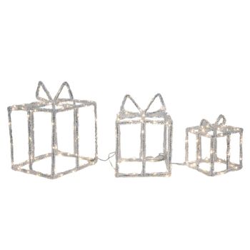Éclairage de Noël LED set 3 cadeaux 160 lampes acrylique 13, 18 & 21cm, blanc chaud