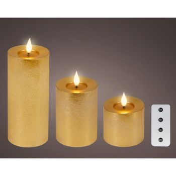 Lumineo LED real wax kaarsenset – 3 stuks goud, warm wit met fire flame effect